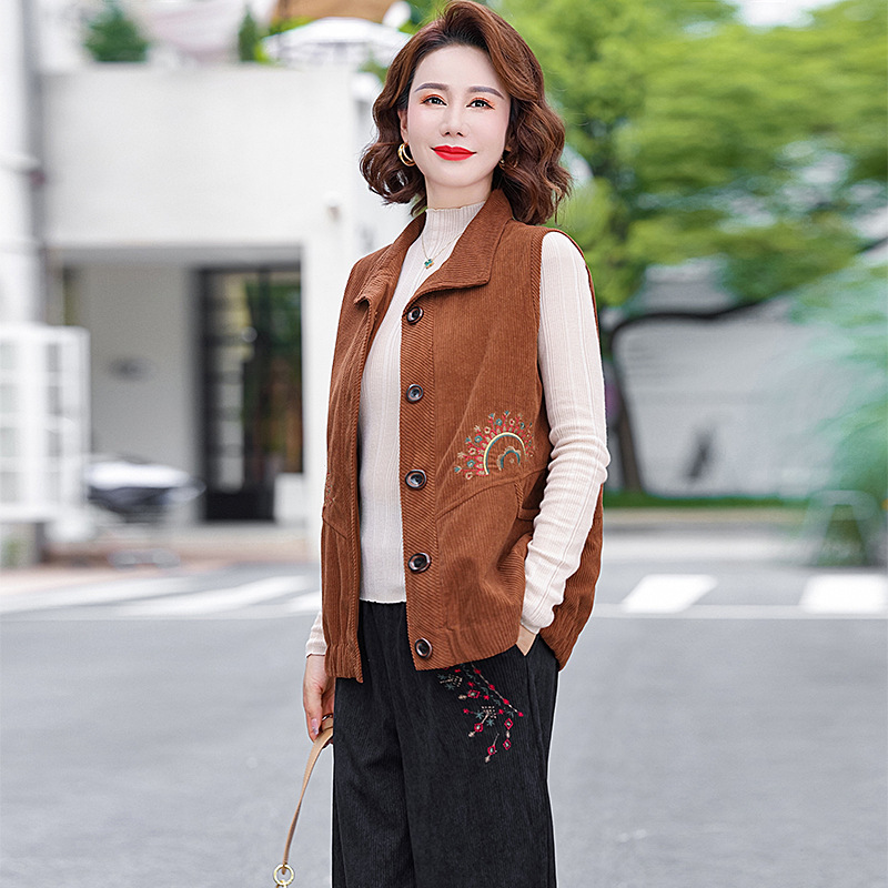 2023老年人马夹灯芯绒春秋装马甲中老年女妈妈条绒坎肩外套冬