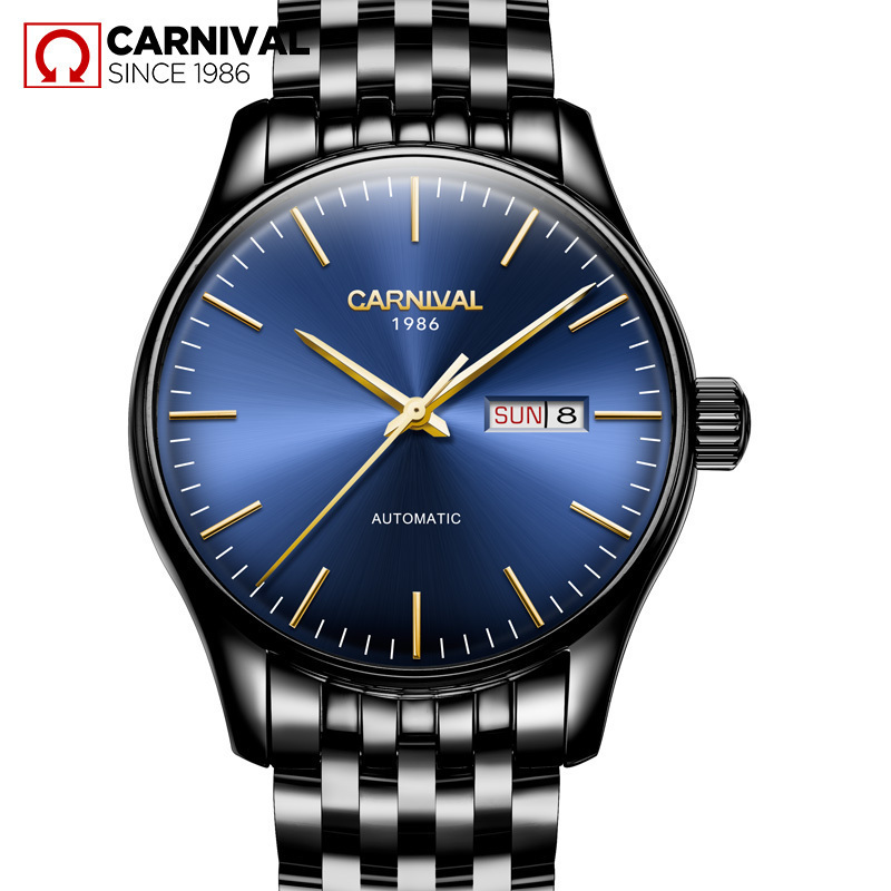 瑞士嘉年华Carnival新款男手表薄款全自动机械表 男士全黑精钢男表真皮防水休闲腕表简约时尚手表8612G薄款高清大图