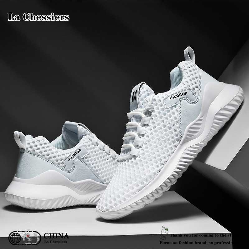La Chessiers大网眼夏季男鞋2025新款潮流百搭男士运动跑步休闲小白鞋飞织网面大码情侣老爹鞋 白色 36码