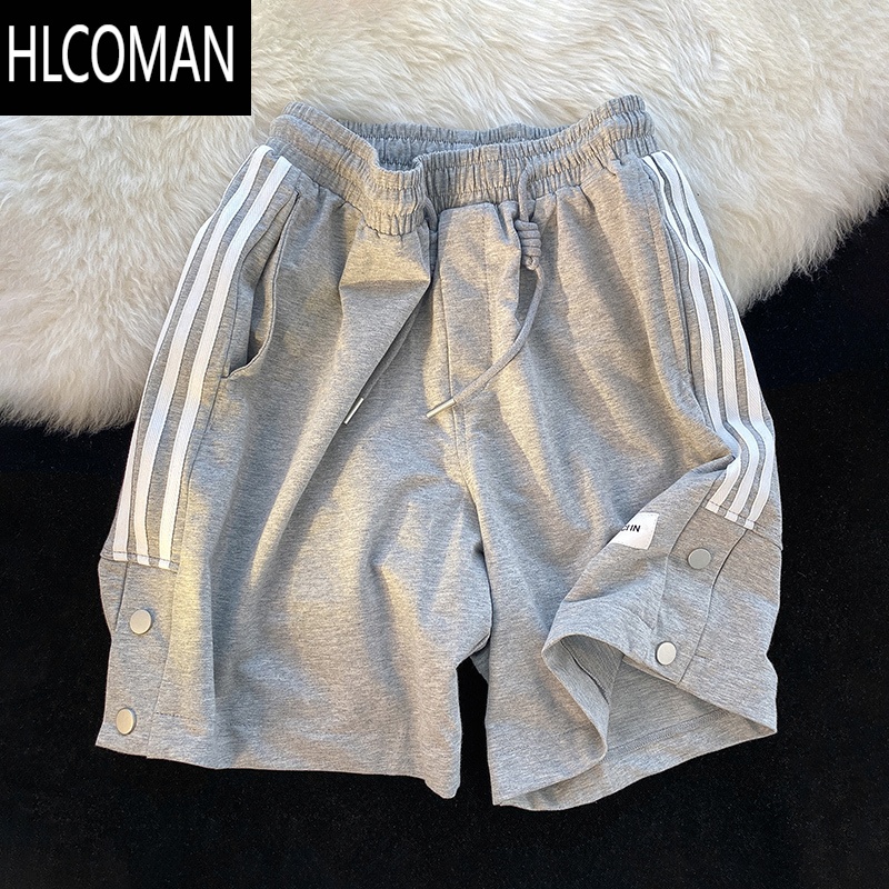 HLCOMAN排扣裤子男潮流百搭帅气直筒宽松休闲短裤男夏季潮牌运动五L扣M XL T138灰