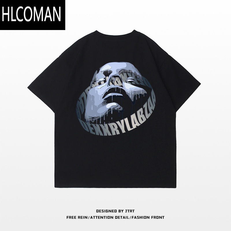 HLCOMAN夏季街头风百搭痞帅藏青色上衣高级感面具字母印花短袖T恤男