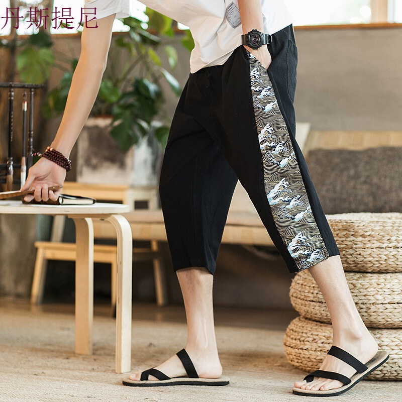 夏季中国风亚麻裤青年棉麻宽松阔腿裤大码七分休闲裤拼接沙滩裤潮黑色