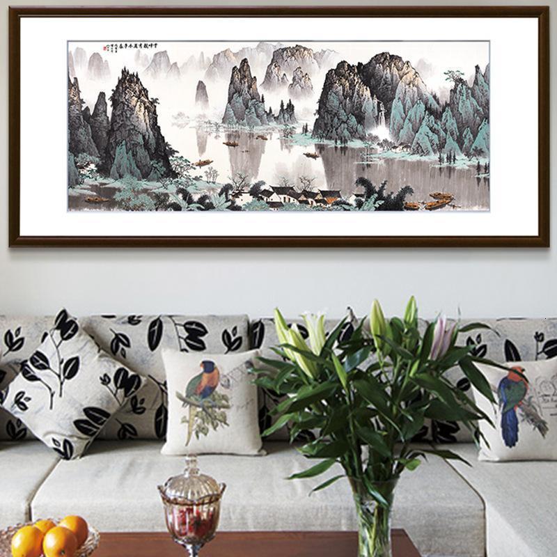 新中式客厅装饰画山水画实木大气国画办公室风水靠山挂画有框装裱 60*