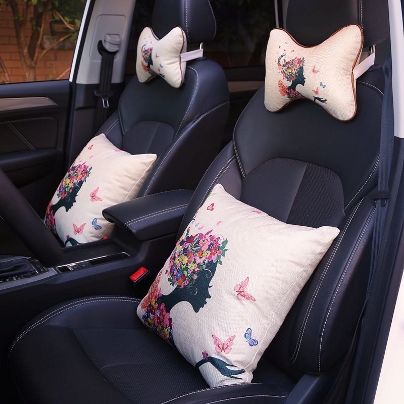 汽车护颈枕头枕腰靠四件套车用靠垫办公椅护腰四季通用麻料抱枕