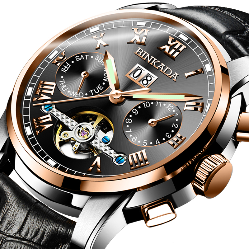 正品宾卡达binkada镂空夜光日历陀飞轮自动机械男表7062l