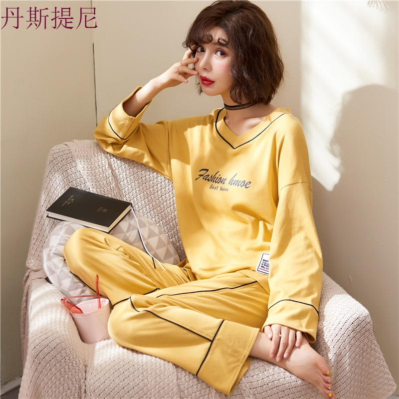 睡衣女秋纯棉长袖韩版清新学生薄款可外穿全棉春秋天夏家居服套装