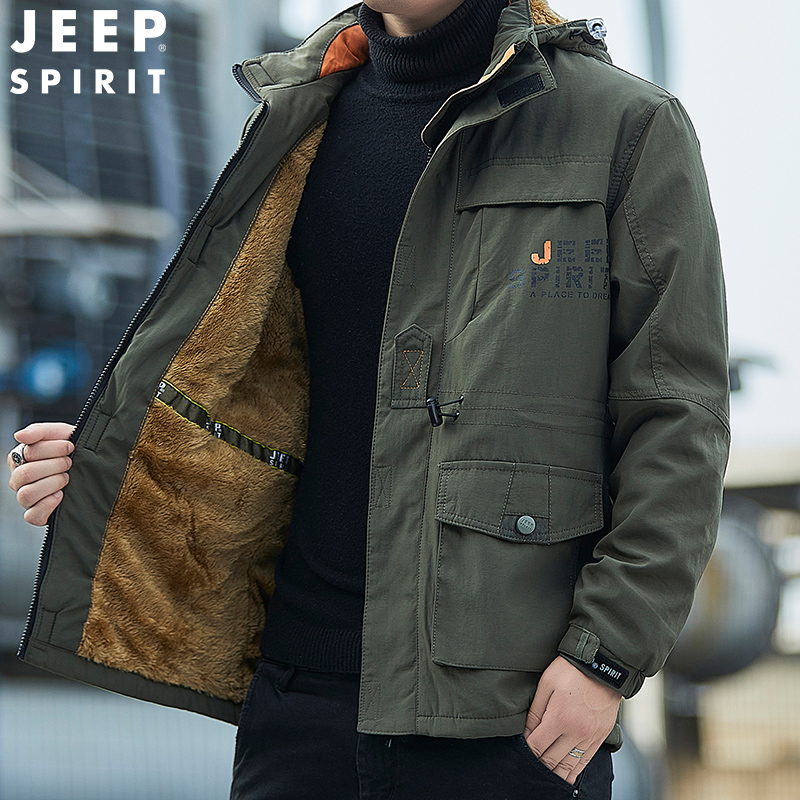JEEP SPIRIT吉普男士棉衣速干加绒加厚保暖棉服工装军旅款多口袋军绿棉袄衣服