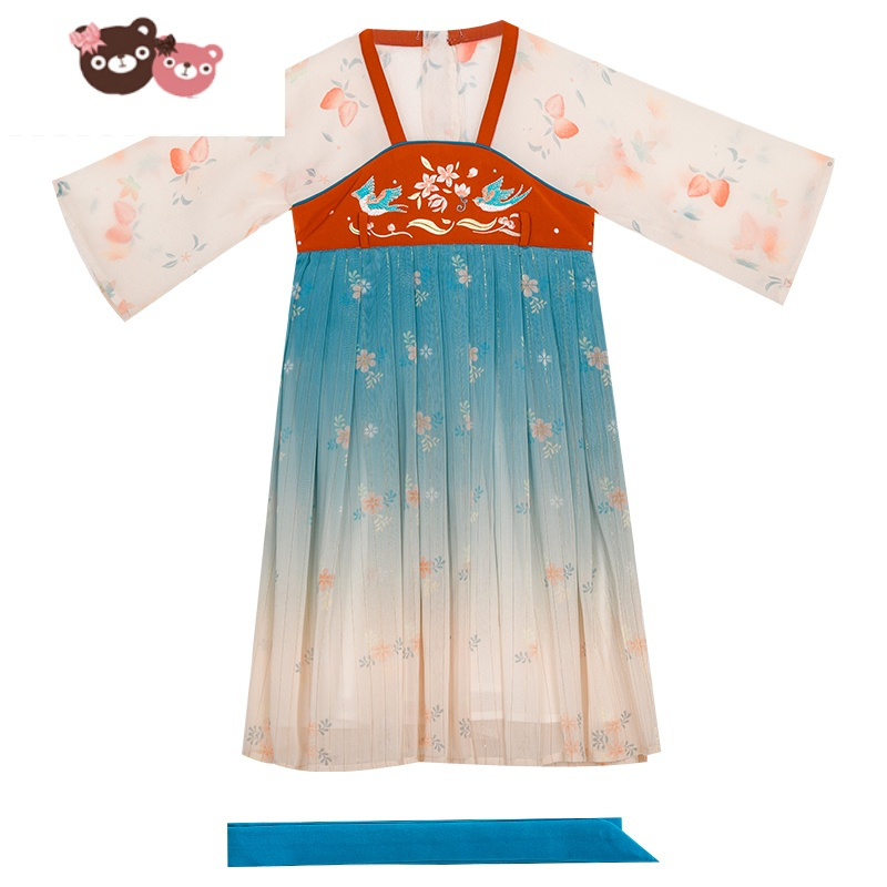 绿彩虹光汉服女童春秋古装中国风超仙双燕渐变周岁宝宝礼服儿童汉服女演出服