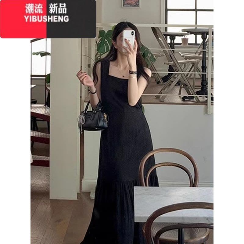 YIBUSHENG韩国chic季法式气质方领刺绣钩花修身显瘦拼接鱼尾吊带连衣裙女图片