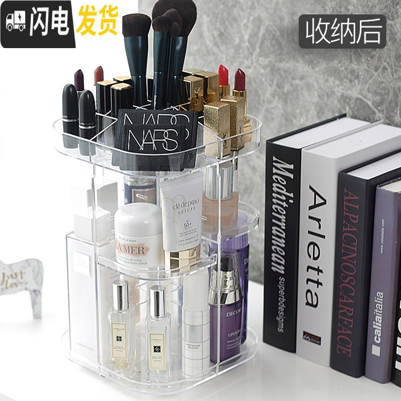 三维工匠旋转化妆品收纳盒透明亚克力梳妆台口红护肤品桌面置物架美妆整理高清大图
