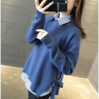 两件套条纹衬衫+系带针织衫春装新款宽松大码打底毛衣套装女