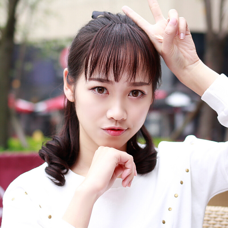 假发片真发迷你薄款隐形无痕假刘海齐刘海片 化纤发-带鬓角-自然黑