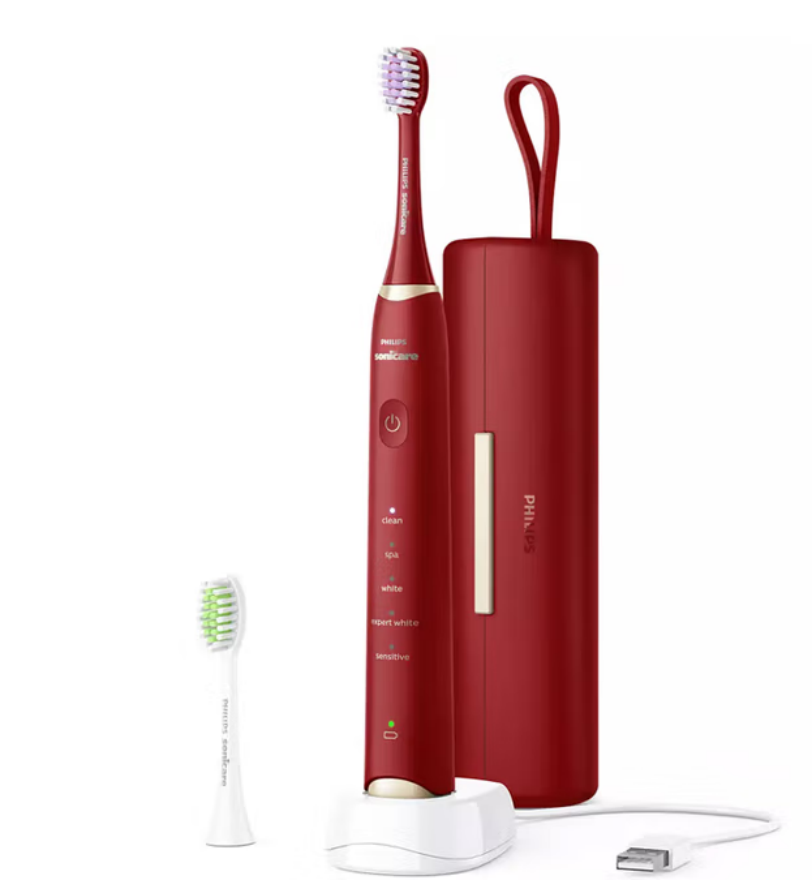 飞利浦(PHILIPS)电动牙刷水疗刷声波震动 清洁亮白护龈 HX2491/02 红色