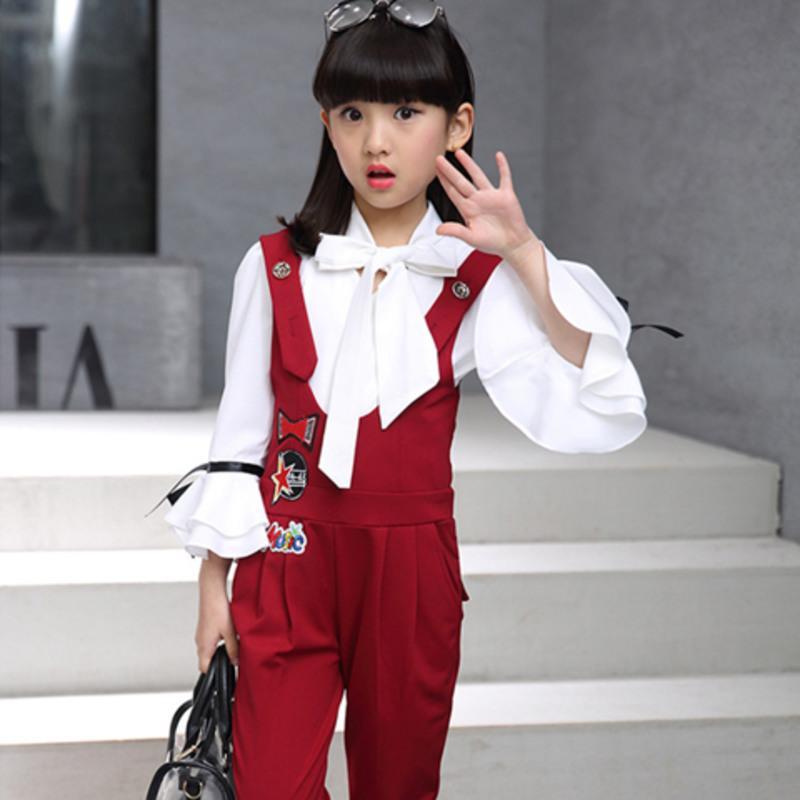 女童套装2021新款春秋洋气中大童背带套装小学生小女孩时髦两件套 黑色 背带长裤+九分袖衬衫套装 130 适合120cm