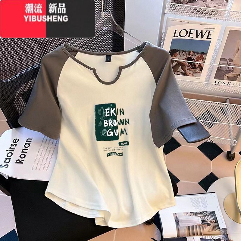 YIBUSHENG大码不规则美式复古短袖t恤打底女装胖mm显瘦遮肚百搭上衣高清大图