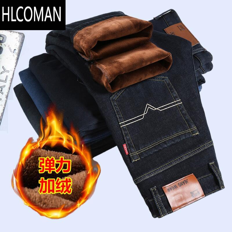 HLCOMAN冬款加绒加厚弹力男士牛仔裤男宽松直筒p暖男裤电焊上班干活长裤