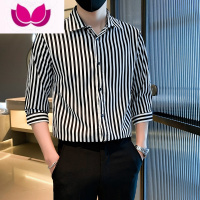 七斓2023夏季新款高级感条纹衬衫男七分袖皱免烫商务休闲半闲23纹 M CS156-6黑条主图款
