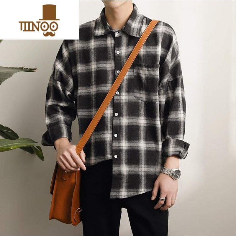 YANXU2023新款复古美式港风红黑白色格子衬衫男宽松长袖外套大码薄款潮高清大图