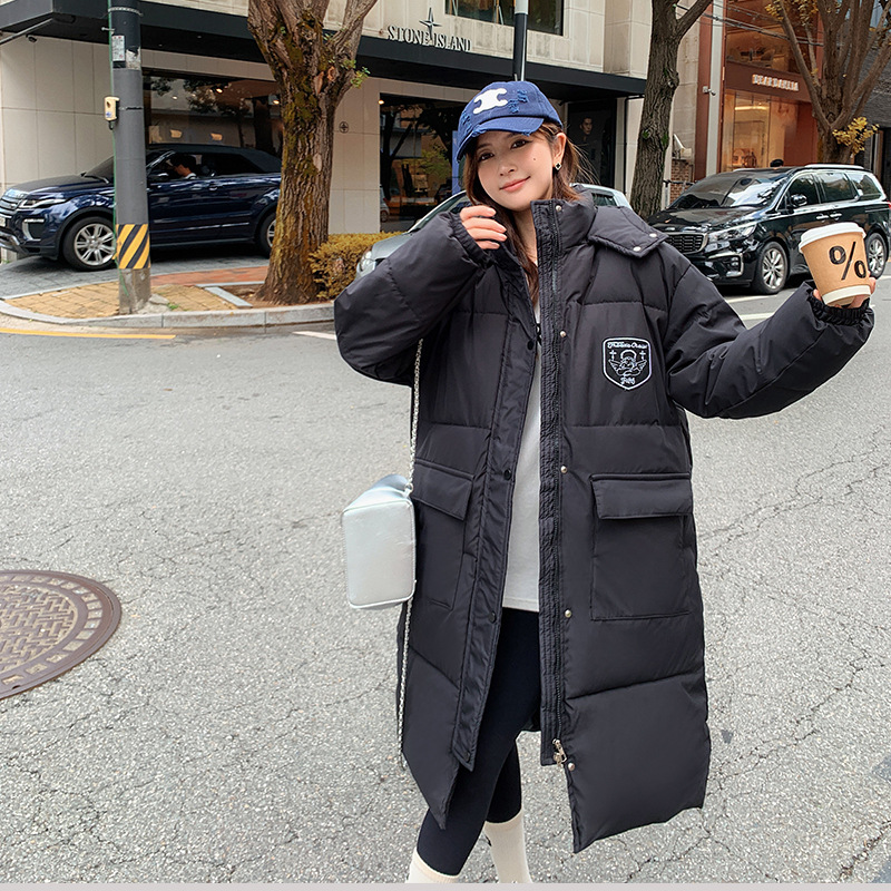 2023冬季韩剧女学生黑色棉服连帽过膝中长款羽绒棉衣加厚棉袄外套高清大图