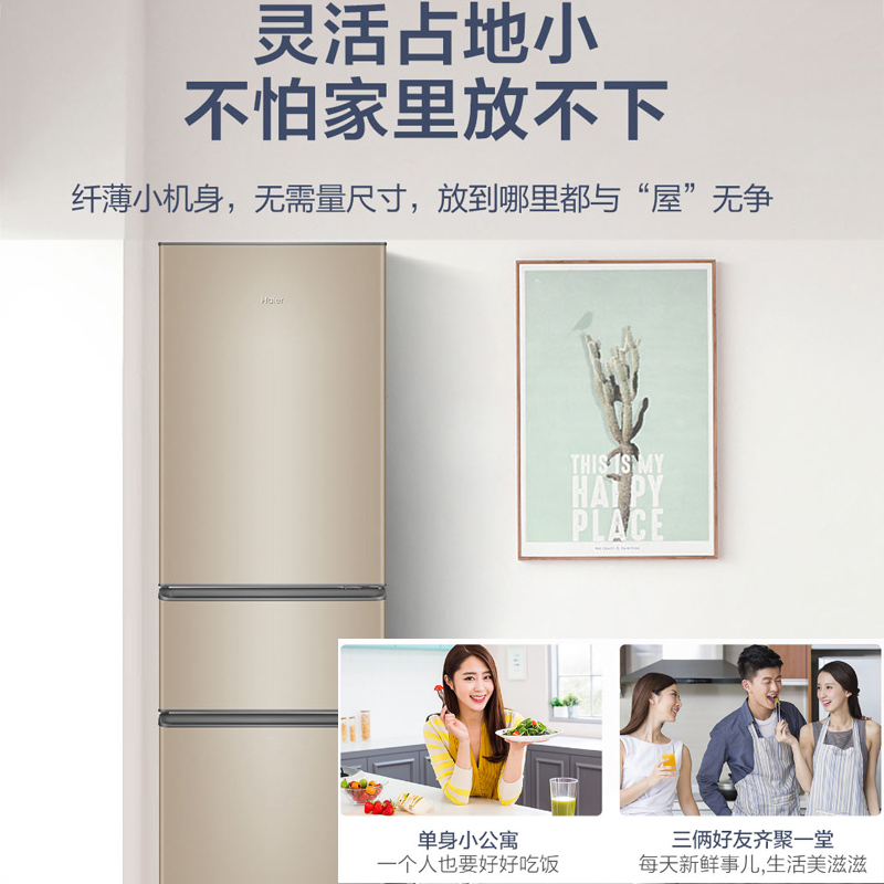 海尔(Haier) 216升炫金家用三门电冰箱 三温区 中门软冷冻 低音节能 低温补偿 直冷小冰箱BCD-216STPT高清大图
