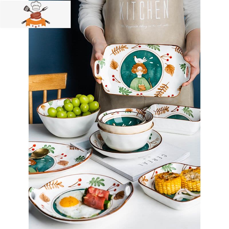 创意日式可爱碗盘餐具汤碗饭碗面碗个性家用碗碟套装网红 敬平 2人食9件套图片