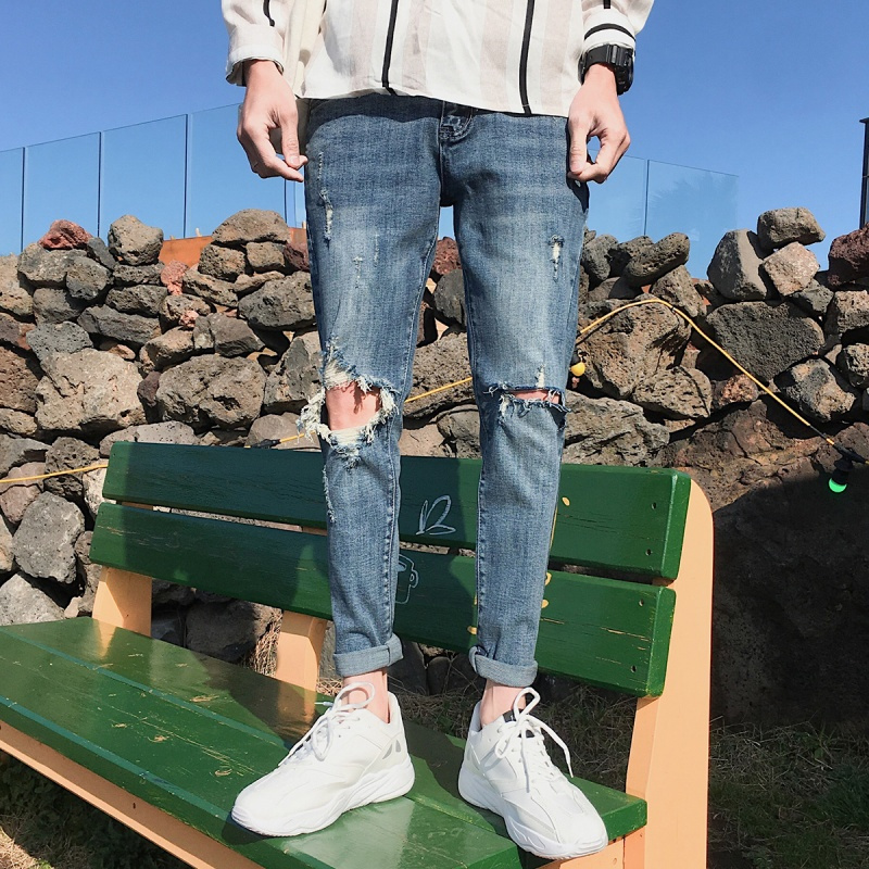 青少年牛仔裤男帅气破洞九分裤夏韩版青年百搭修身直筒小脚裤学生