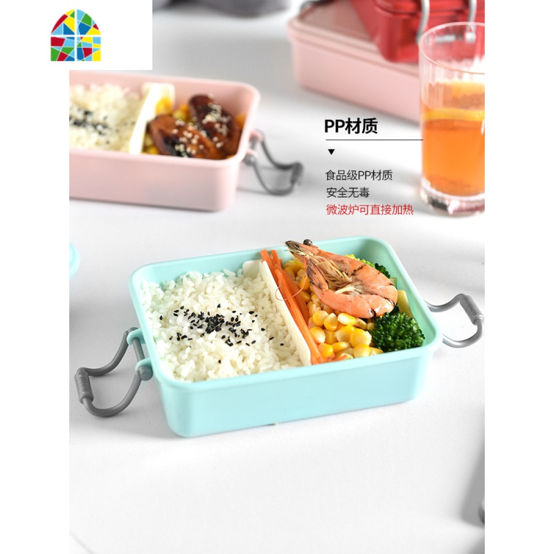 轻食便当盒日式三明治健身饭盒分隔型单层微波炉加热饭盒 FENGHOU 蓝色+灰色饭盒袋套装
