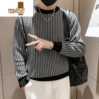 YANXU2023新款圆领加厚套头针织衫男百搭格子毛衣修身打底长袖潮