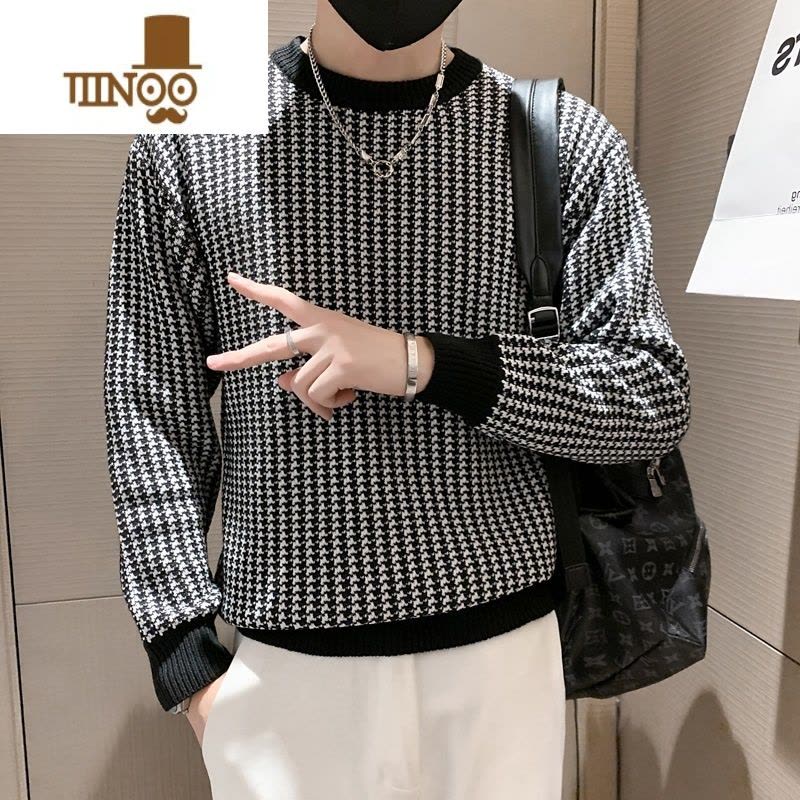 YANXU2023新款圆领加厚套头针织衫男百搭格子毛衣修身打底长袖潮图片