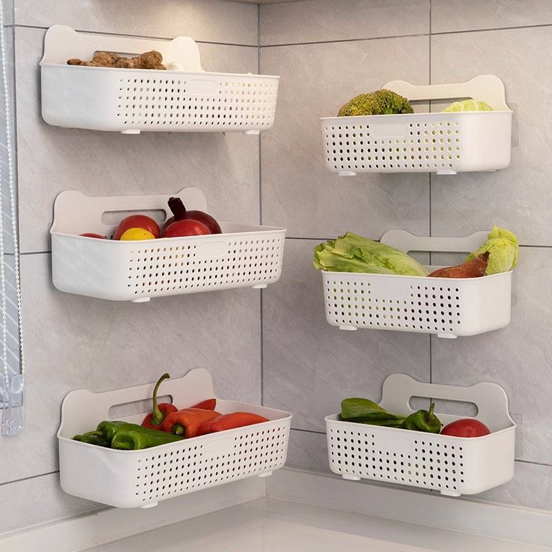 厨房葱姜蒜置物架壁挂式免打孔篮子盒多功能蔬菜收纳筐卫生间神器-珍珠白*中号【赠4个挂钩】