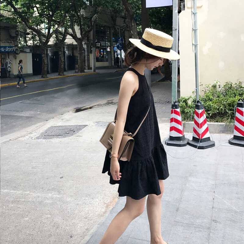 夏装新款矮个子连衣裙女小黑裙显瘦打底裙带黑色无袖a字裙黑色