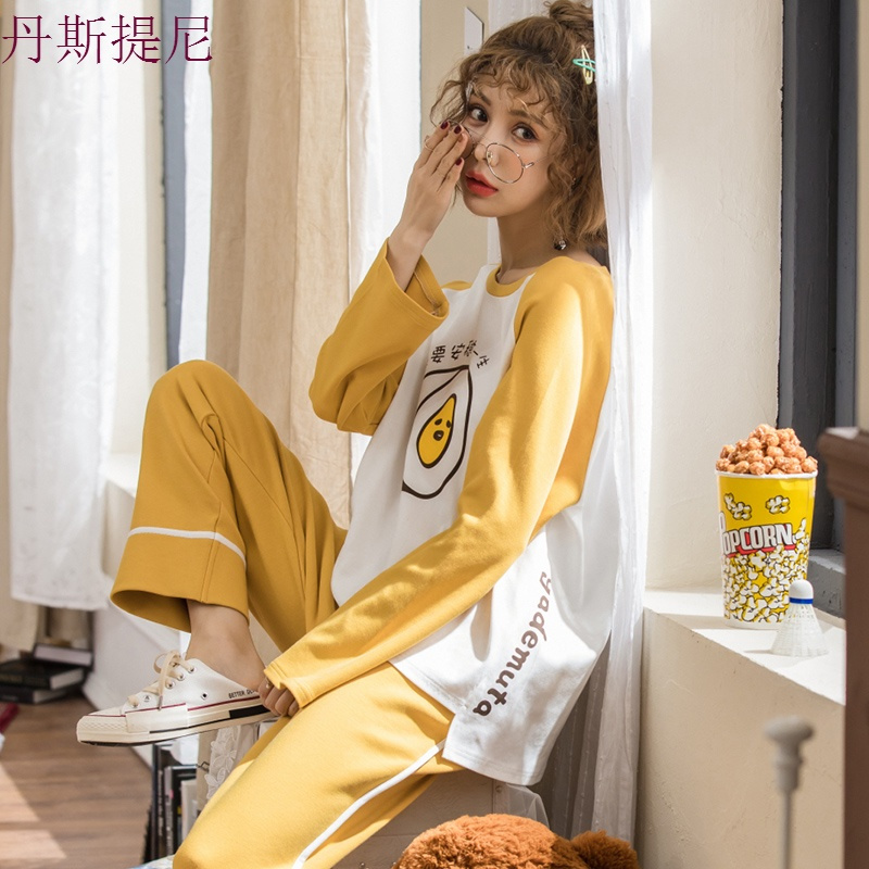 睡衣女秋长袖套装薄款纯棉圆领长裤可爱春秋季可外穿两件套家居服
