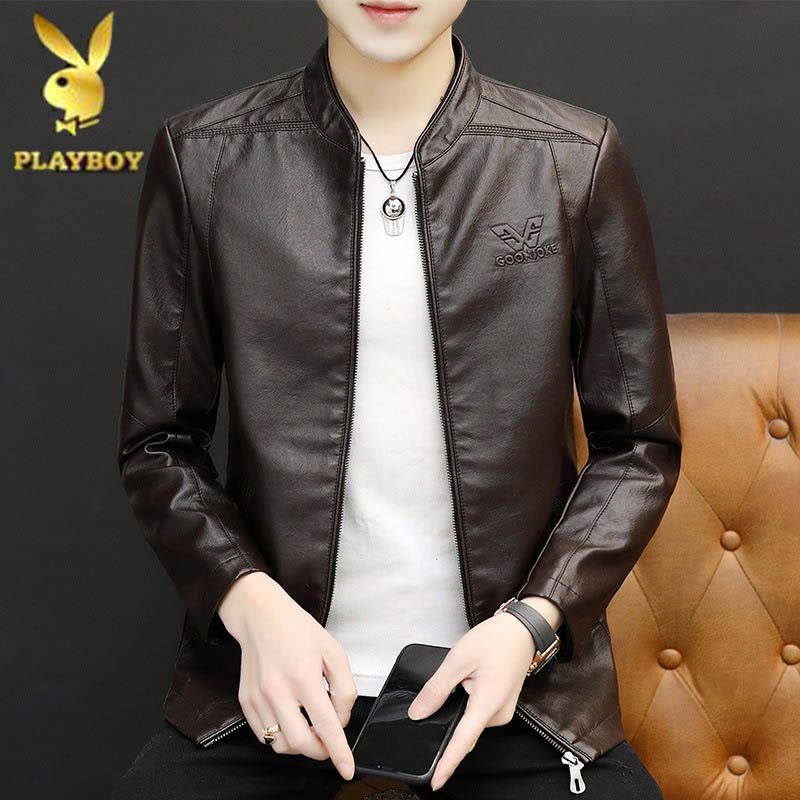 花花公子男装2024春秋款皮夹克男士修身薄款韩版立领PU皮衣外套机车服男图片