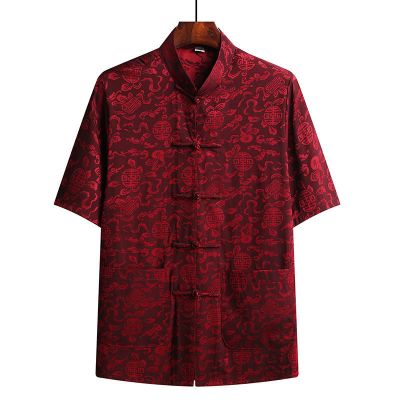 葫芦花酒红[上衣] 39 建议90-110斤 中国风中老年男唐装短袖男套装夏季冰丝中国风中老年爷爷装家居服