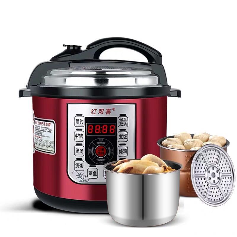 全自动电饭煲2.5l3l4l5l6l8l家用预约电的压力锅多功能智能电饭煲|5L红色双胆蒸格(蒸格胆+不锈钢胆)