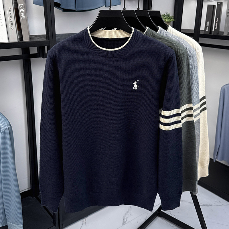 圆领毛衣男假两件2025秋冬季新款加厚保暖时尚刺绣打底男士针织衫