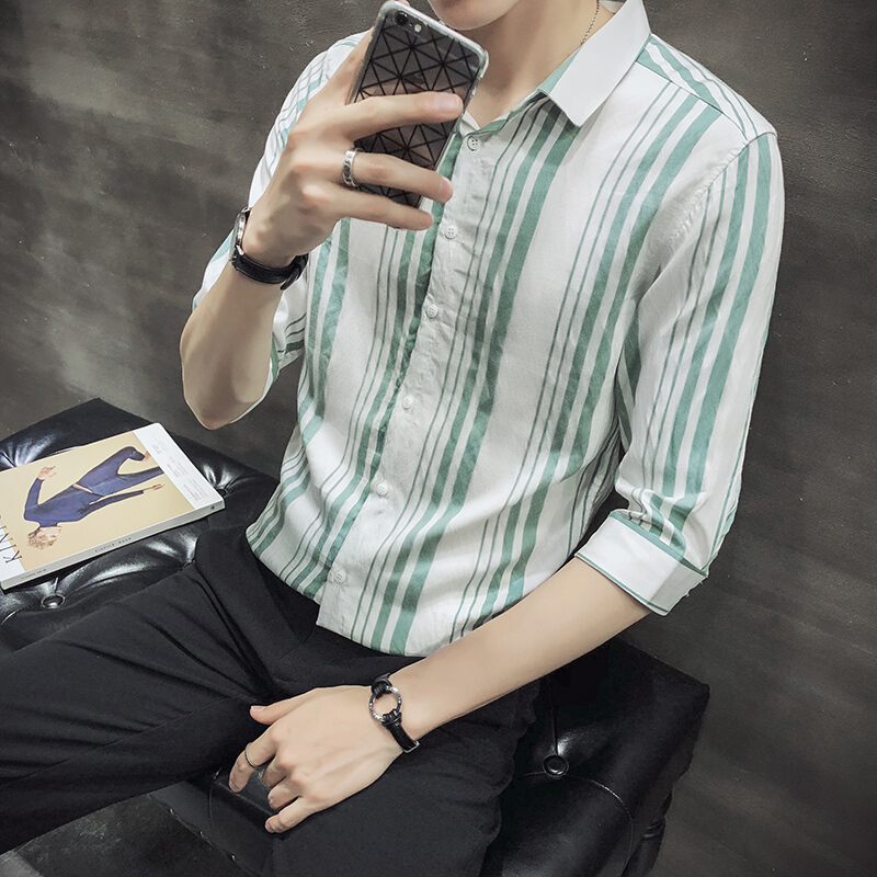 梵克公牛男士夏季流条纹衬衫帅气中袖衬衣牌打底衫七分袖衣服