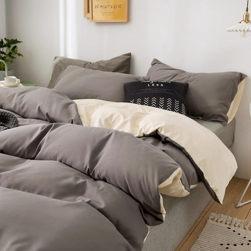 水洗棉被罩四件套夏纯色被单学生宿舍床上三件套双单人被套 双拼色-银灰米【北极绒】 1.8四件套【适合180*220被芯
