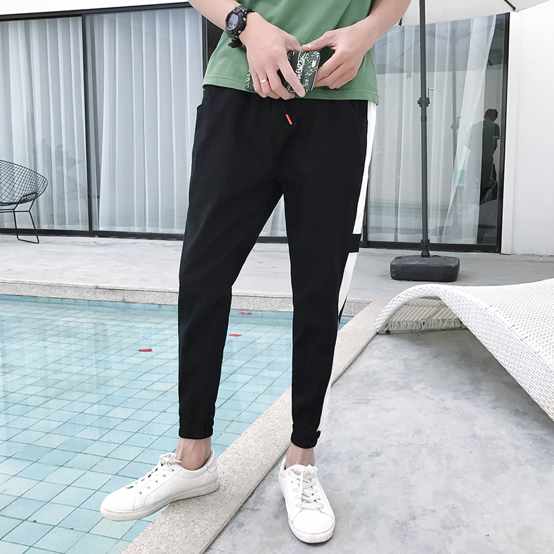 夏款运动休闲裤男薄款宽松修身收口裤束脚裤学生韩版九分裤男小脚