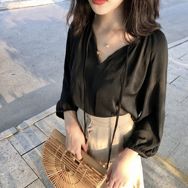 春秋chic风百搭纯色灯笼长袖套头衬衫复古宽松显瘦娃娃衫上衣潮女香槟色均码
