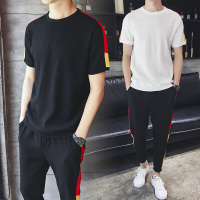 梵克公牛T恤 套装男夏季休闲商务休闲流男士短袖T恤麻夏天男装一套搭配帅气