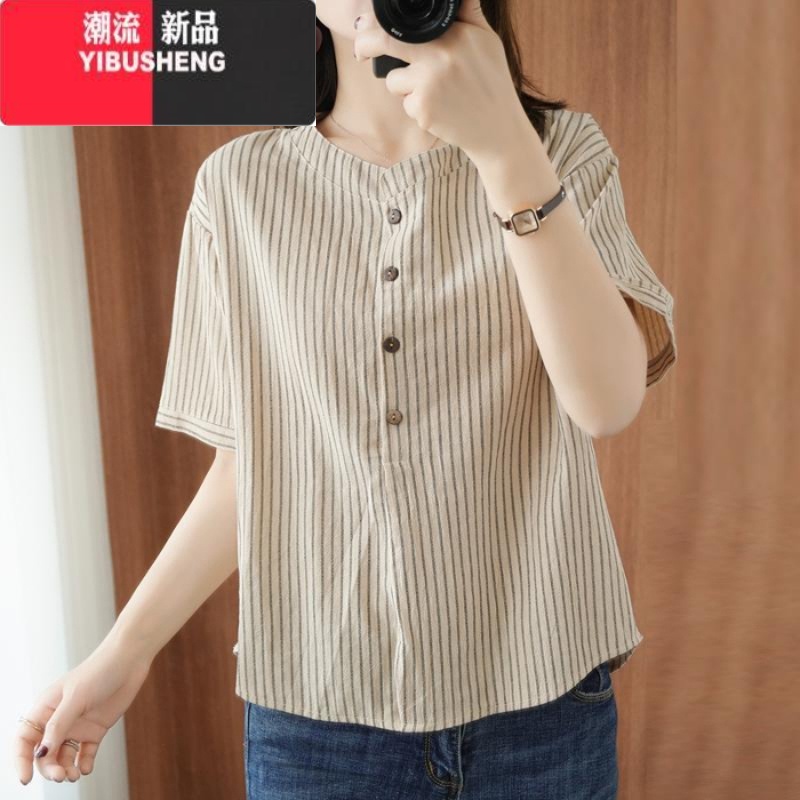 YIBUSHENG季新款女中年妈妈竖纹棉麻短袖大码女装显瘦洋气贵气减龄T恤衣 卡其色 4XL建议160-180斤