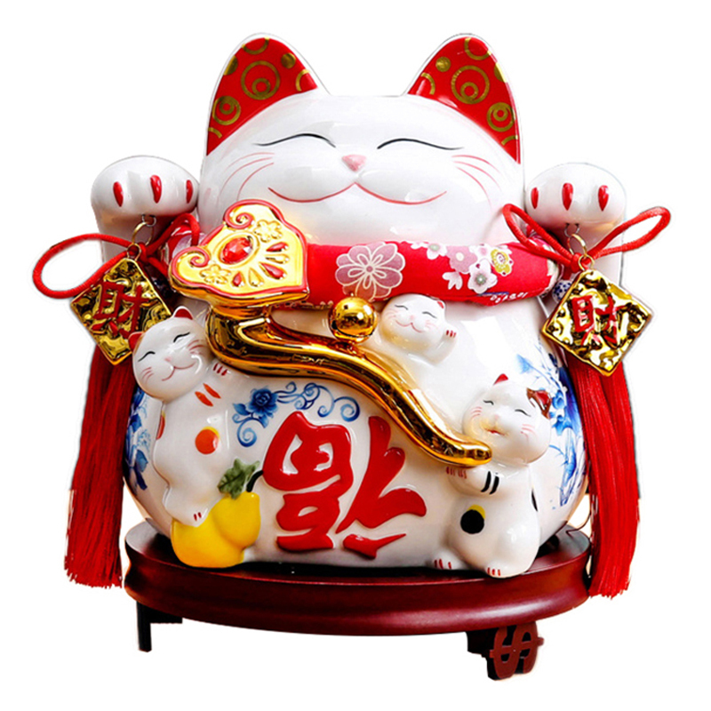 大号11寸福到如意招财猫摆件 陶瓷存钱罐招财猫储蓄罐礼盒装 办公室前台家居摆件商铺开业礼品乔迁 布垫
