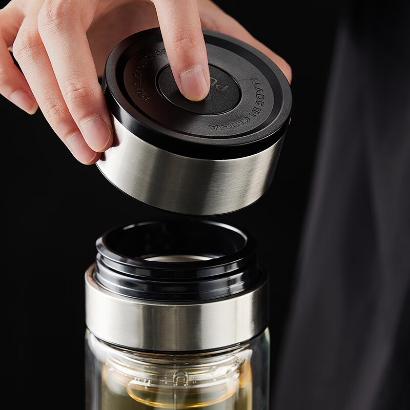 吉佑单手一键按压开盖玻璃杯双层车载茶水分离泡茶杯男士专用水杯JY9029高清大图
