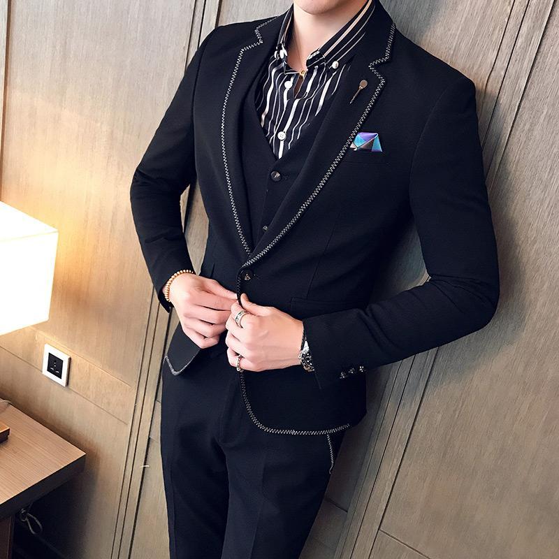 西服套装男士三件套商务正装职业西装修身伴郎新郎结婚礼服黑色春