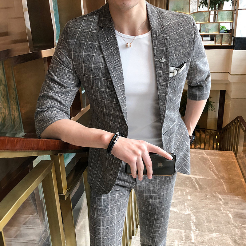 新款男士时尚格纹中袖西服套装型师气质修身七分袖西服男商务潮