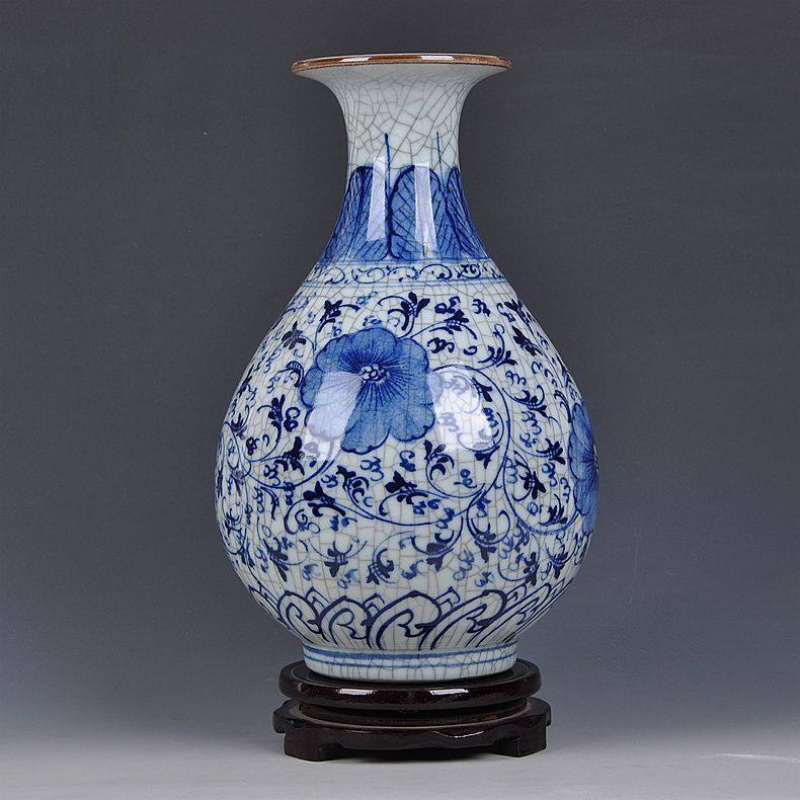 景德镇陶瓷器 手绘釉下彩仿古官窑青花瓷花 博古架工艺品家居摆设 三维工匠 手绘仿古青花裂纹玉壶春送底座摆件高清大图