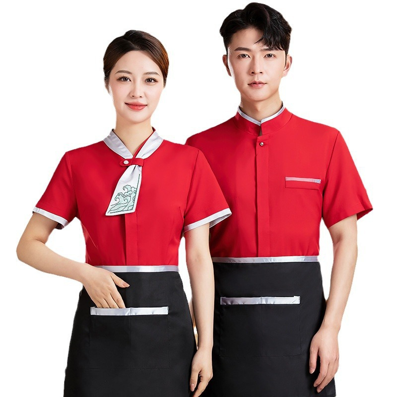 餐饮服务员工作服女短袖夏季中式茶餐厅西餐厅农家乐火锅店工装男-男黑色上衣;3XL