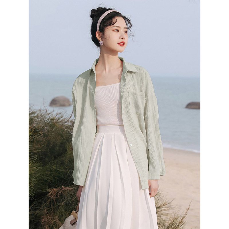 秋壳纯色长袖防晒雪纺衬衫女2022夏季新款设计感小众薄款开衫上衣