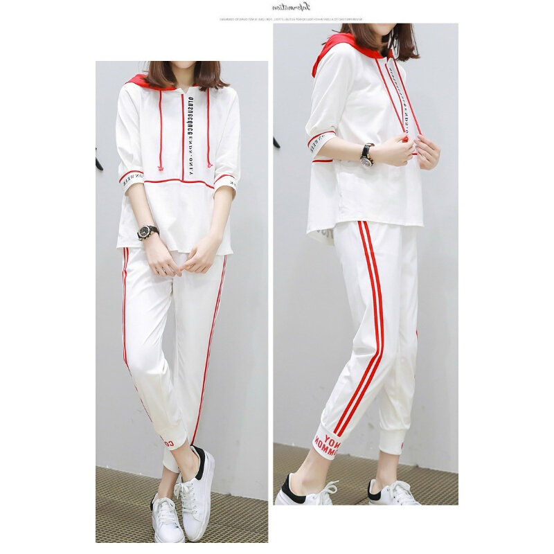欧洲站2018春夏时尚五分袖运动套装服休闲女士修身两件套